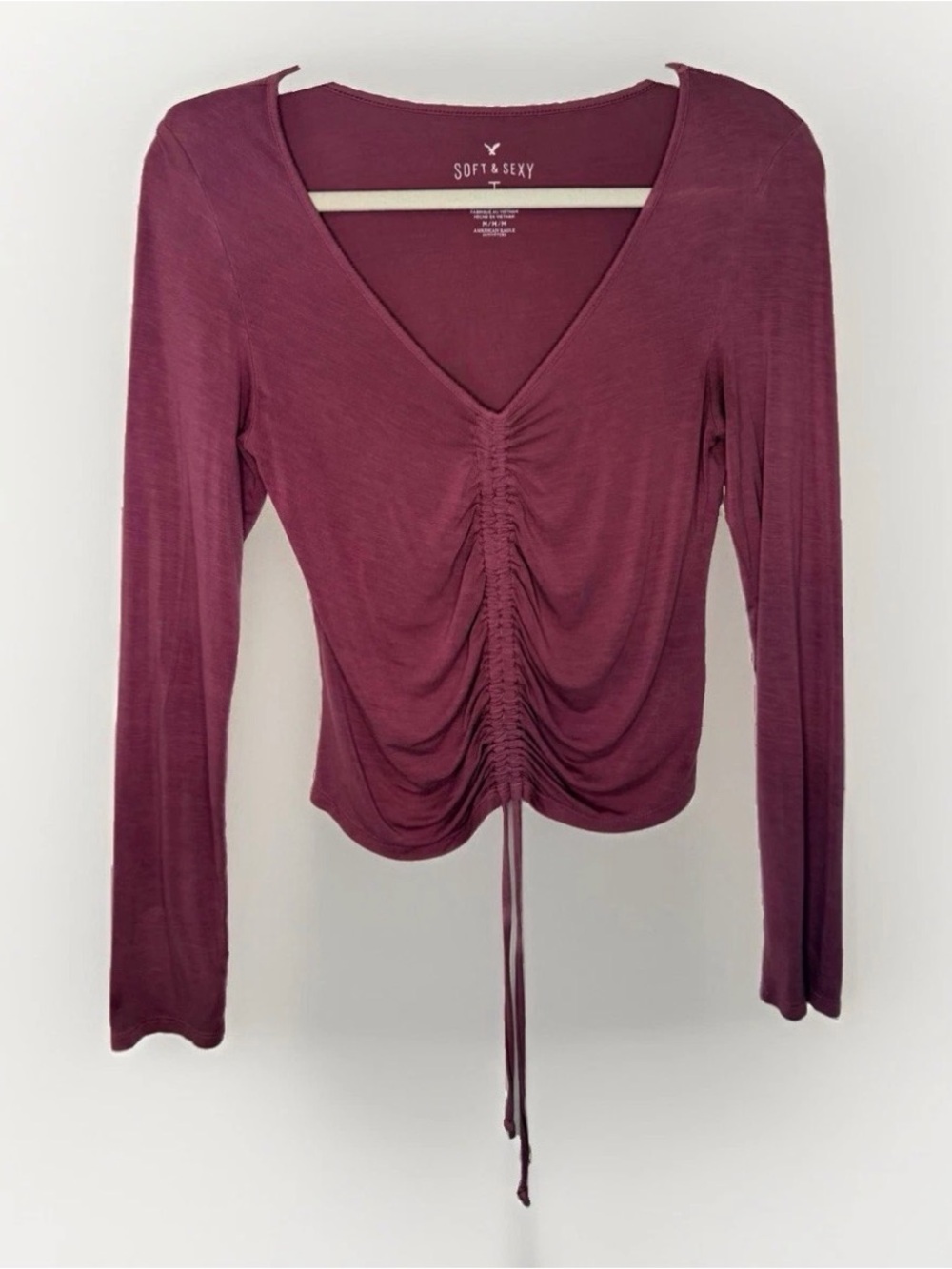 aerie Ruched V-Neck Long Sleeve Top - Plumberry